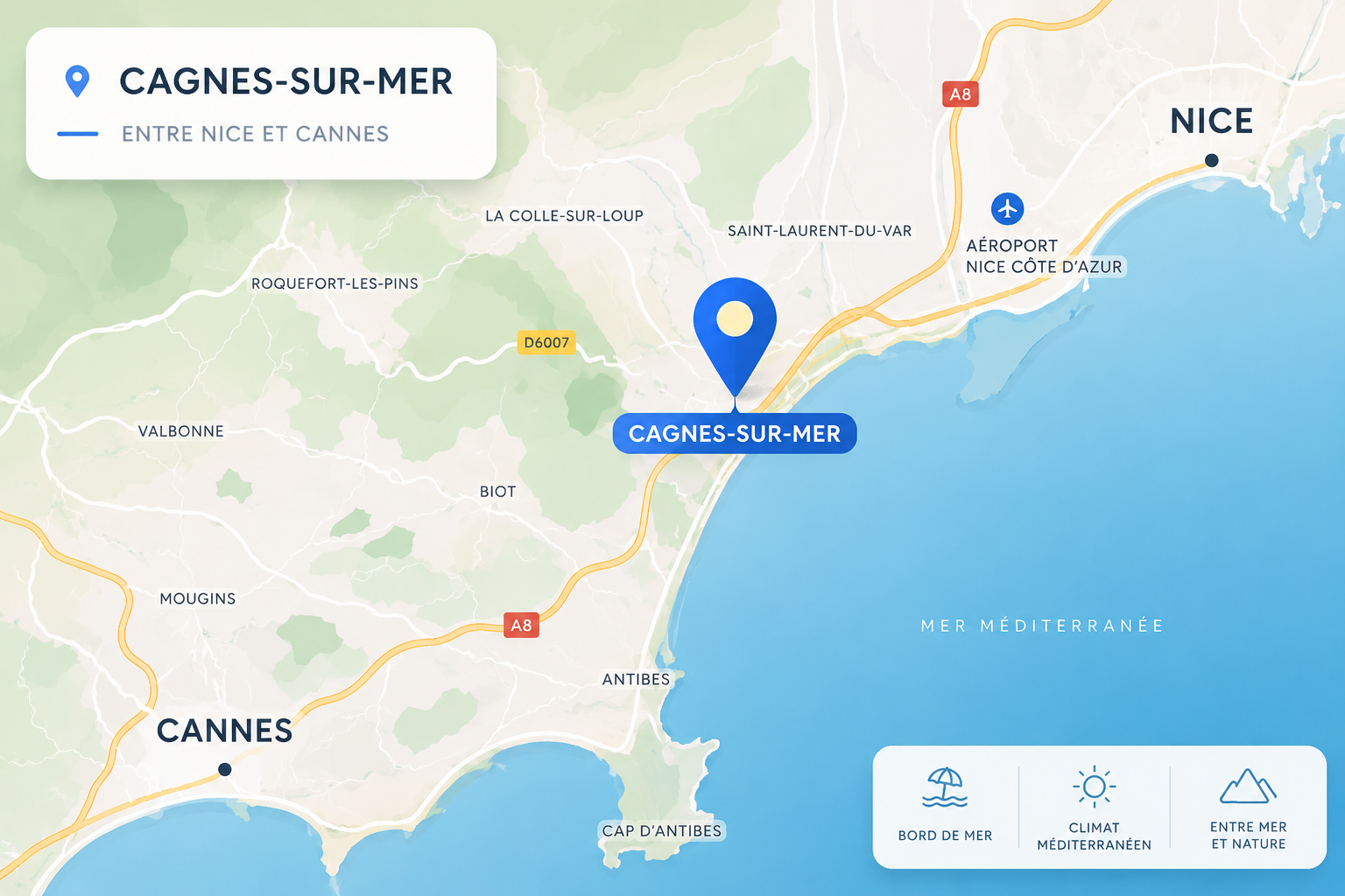 Carte de localisation de Cagnes-sur-Mer entre Nice et Cannes